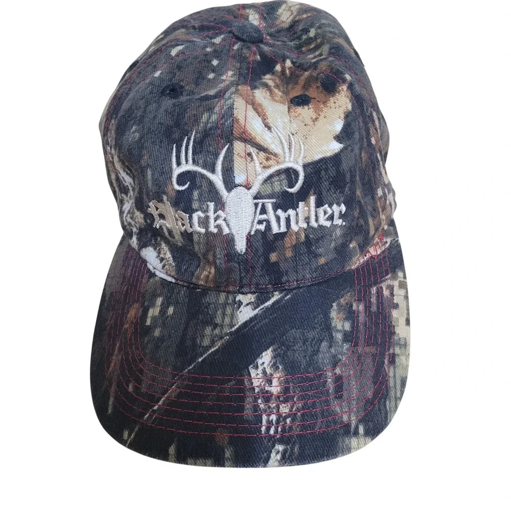 Black Antler Camo Hunting Hat Adjustable Strap Embroidered Antlers Cap - Picture 1 of 8